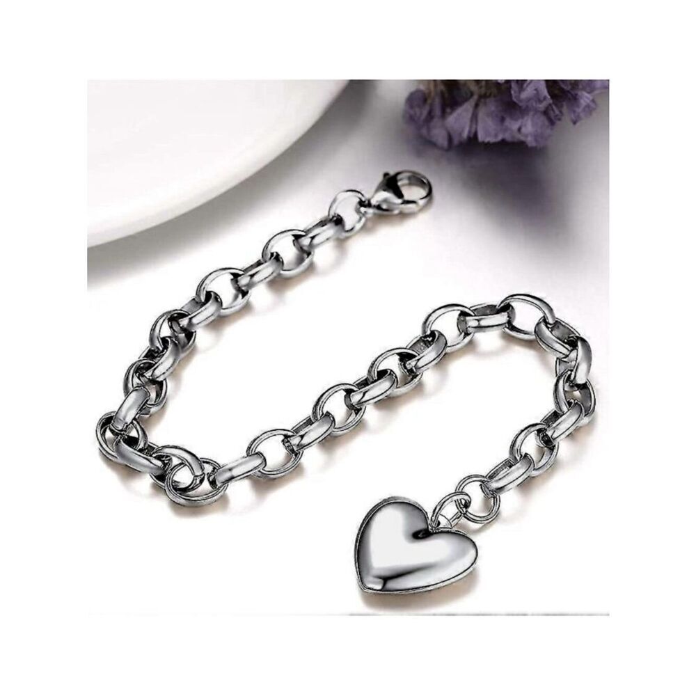 Puff Heart Charm Pendant Bracelet Silver Stainless Steel Round Cable Link 8-inch